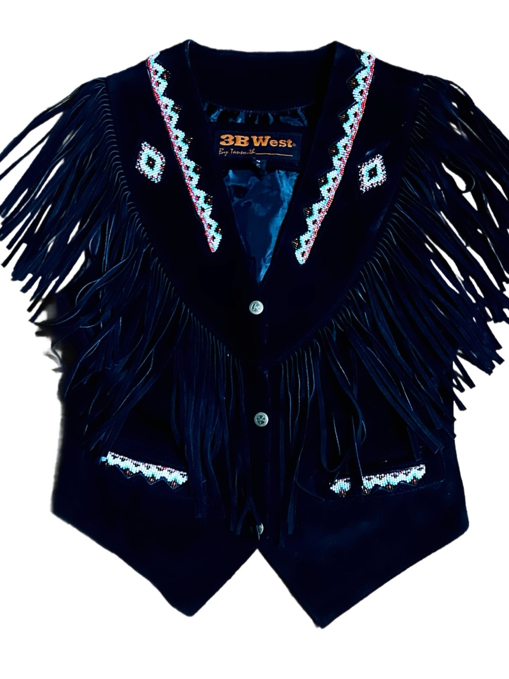 3B West ~ Small ~ Black W/ Multi- Colors Beaded ~ Leather Suede Fringe Vest